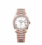 Rolex Day-Date 228235 Rose Gold White Roman Dial Diamond Bezel