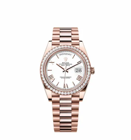 Rolex Day-Date 228235 Rose Gold White Roman Dial Diamond Bezel