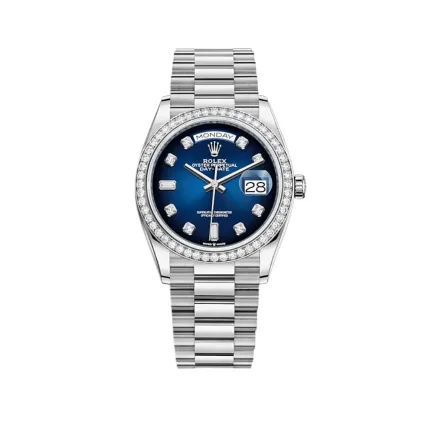 Rolex Day-Date 128349RBR White Gold Blue Dial Diamond Bezel